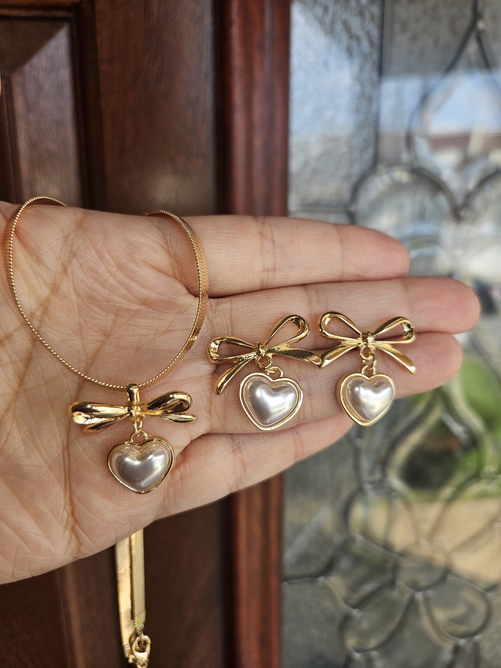 Gold Plated Bow & Pearl Heart Pendant Necklace and Earring Set